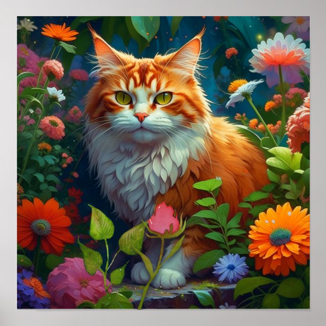 Póster Gato Naranja lindo en las flores (Frente)