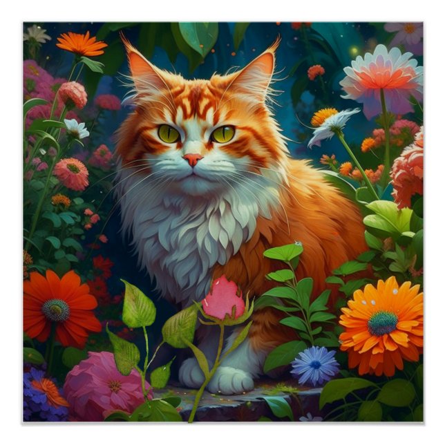 Póster Gato Naranja lindo en las flores (Anverso)