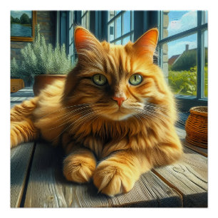 Póster Gato Naranja Recostado en una Mesa Junto a una Ven