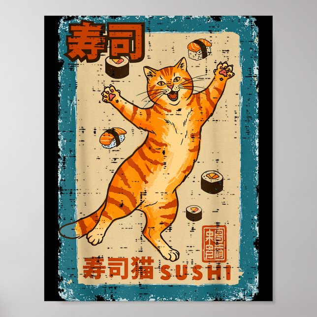 Póster Gato naranja saltando con sushi comida japonesa ho (Frente)