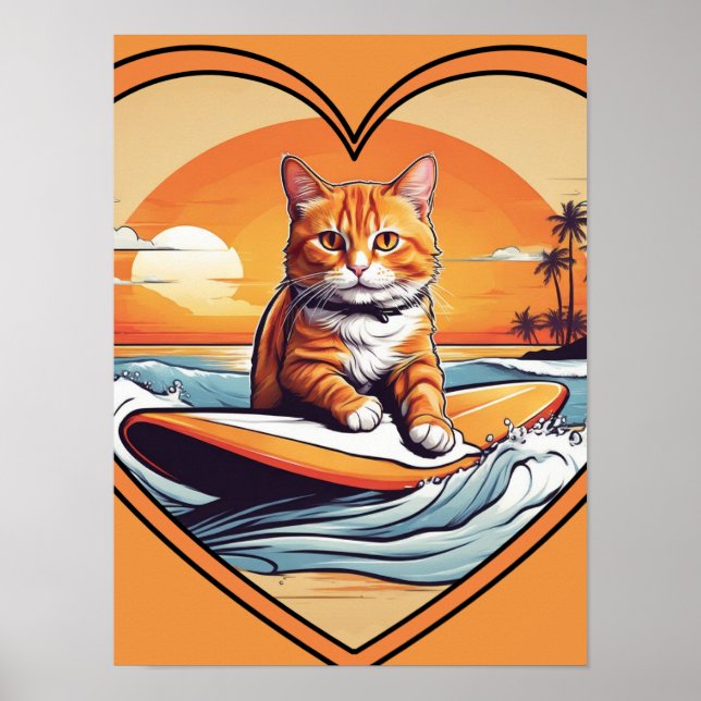 Póster Gato Naranja Surfando (Frente)