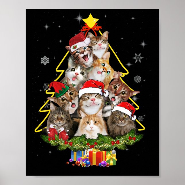 Póster Gato Navidades Curiosos Camisas Meowy Árbol de Nav (Frente)