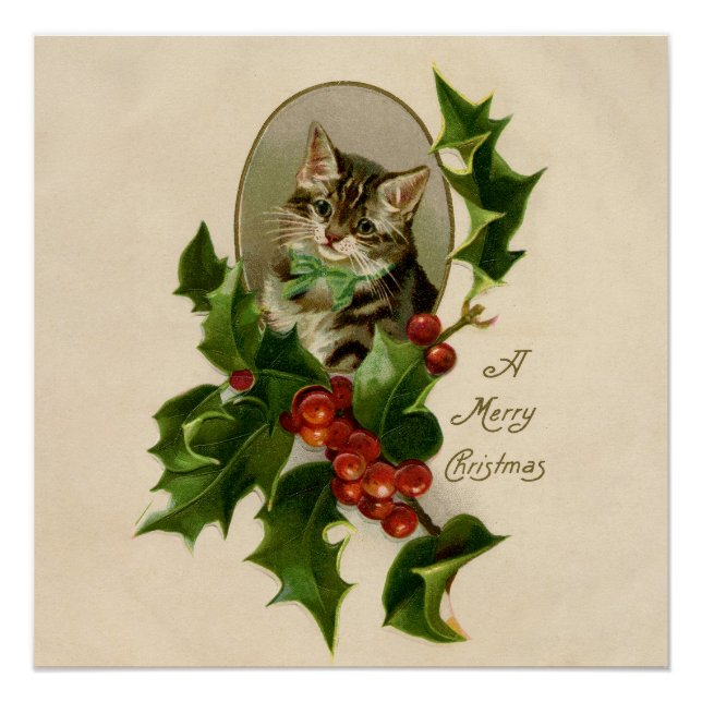 Póster Gato Navidades Merry Holly Kitten Arte Antiguo (Anverso)