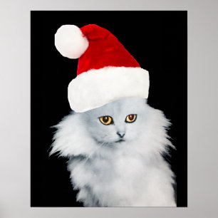 PÓSTER GATO NAVIDEÑO BLANCO CON SOMBRERO DE PAPÁ NOEL