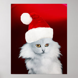 Póster GATO NAVIDEÑO BLANCO CON SOMBRERO DE PAPÁ NOEL ,Ru
