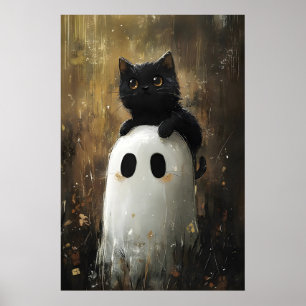 Póster Gato negro abraza fantasma lindo impresión, Hallow