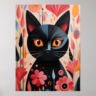 Póster Gato Negro Adorable Con Flores Rosa