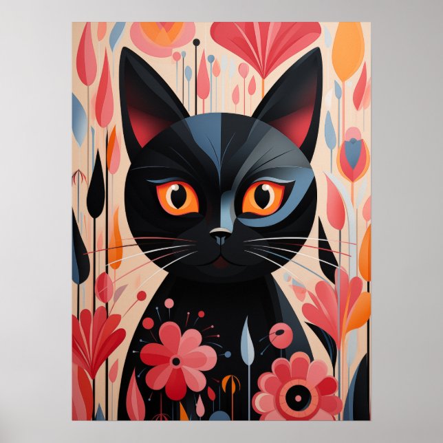 Póster Gato Negro Adorable Con Flores Rosa (Frente)