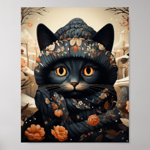 Póster Gato negro adorable en una bufanda y Gorra