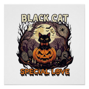 Póster Gato Negro Amor Especial Halloween Calabaza Luna L