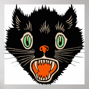 Póster Gato negro asustado de Halloween vintage