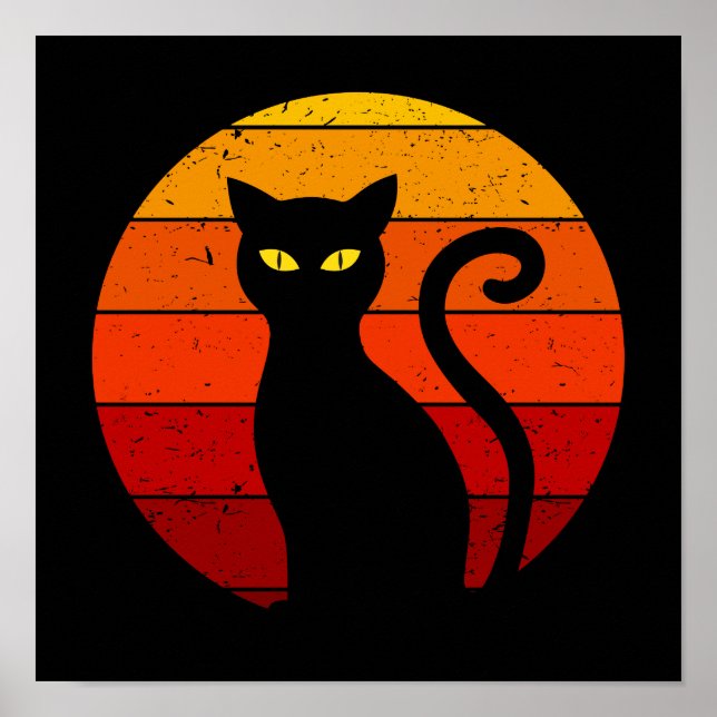 Póster Gato Negro Atardecer Retro Vintage Halloween I (Frente)