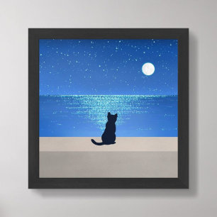 Póster Gato negro bajo la noche estrellada de luna llena