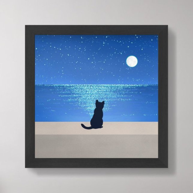 Póster Gato negro bajo la noche estrellada de luna llena (Black cat under full moon starry night)