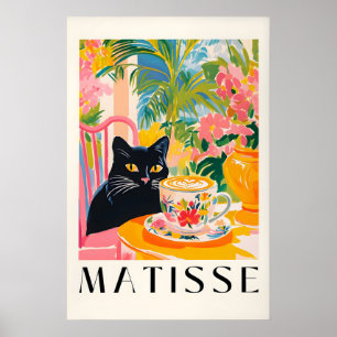 Póster Gato Negro Bebiendo Café Divertido Estilo Matisse