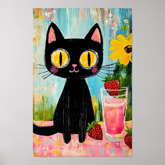 Póster Gato negro bebiendo jugo de fresa (Frente)