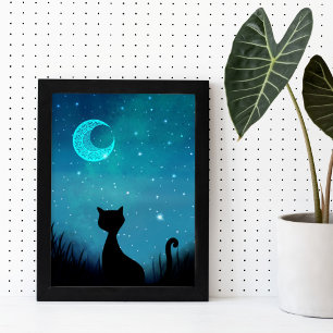 Póster Gato negro brillo cielo estrellado ilustración mod