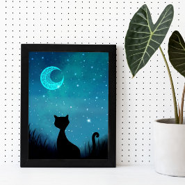 Póster Gato negro brillo cielo estrellado ilustración mod