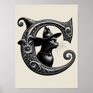 Póster Gato Negro Bruja Brujeria Letra C Inicial Personal