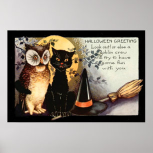 Póster Gato Negro Búho Luna Llena Sombrero de Bruja