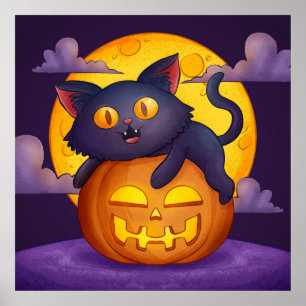 Póster Gato negro, calabaza y luna
