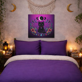 Póster Gato Negro Celestial Místico Rosa Purpura
