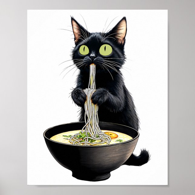 Póster Gato negro comiendo fideos de Ramen comida japones (Frente)