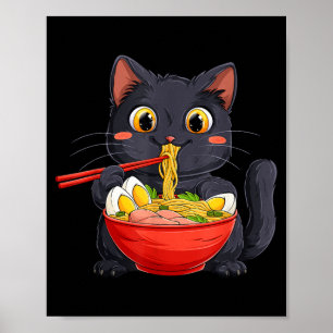 Póster Gato negro comiendo fideos ramen estilo anime kawa
