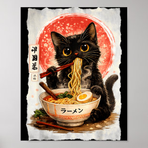 Póster Gato negro comiendo ramen lindo kawaii anime gato
