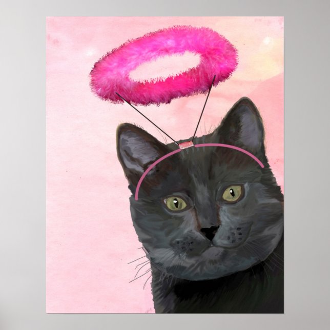 Póster Gato negro con Angel Halo rosa (Frente)