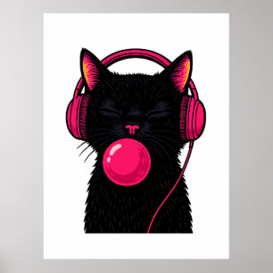 Póster Gato Negro con Auricular de Teléfono Rosa – Minima