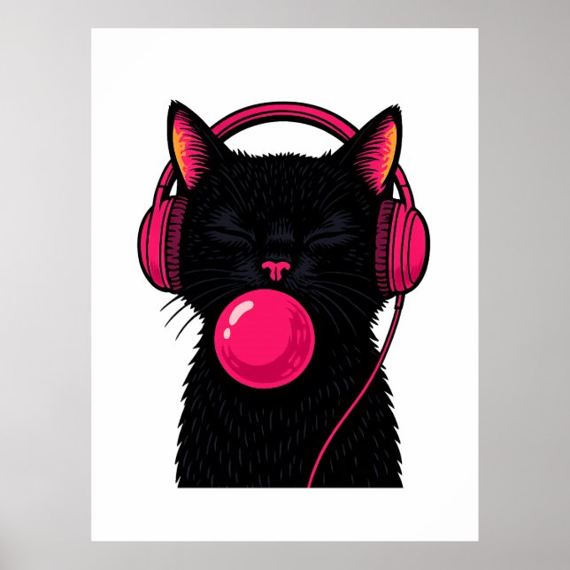 Póster Gato Negro con Auricular de Teléfono Rosa – Minima (Frente)