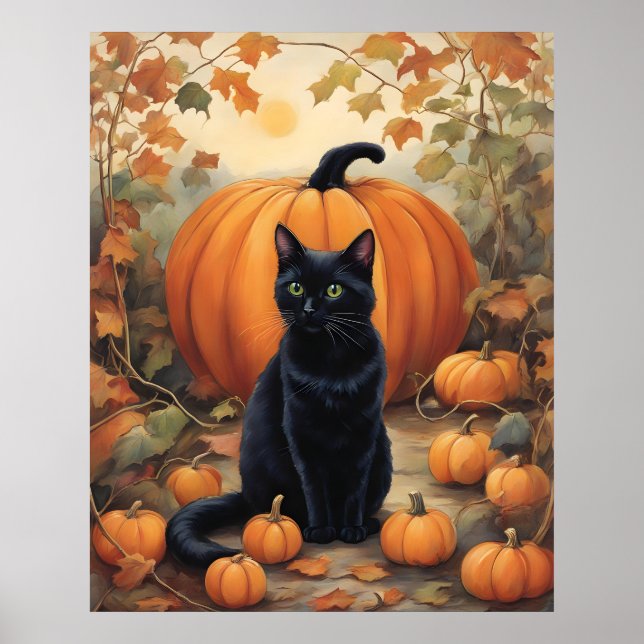 Póster Gato negro con calabaza de Halloween (Frente)
