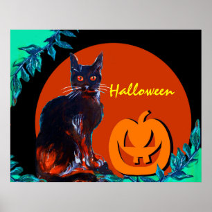PÓSTER GATO NEGRO CON CALABAZA EN NOCHE DE HALLOWEEN