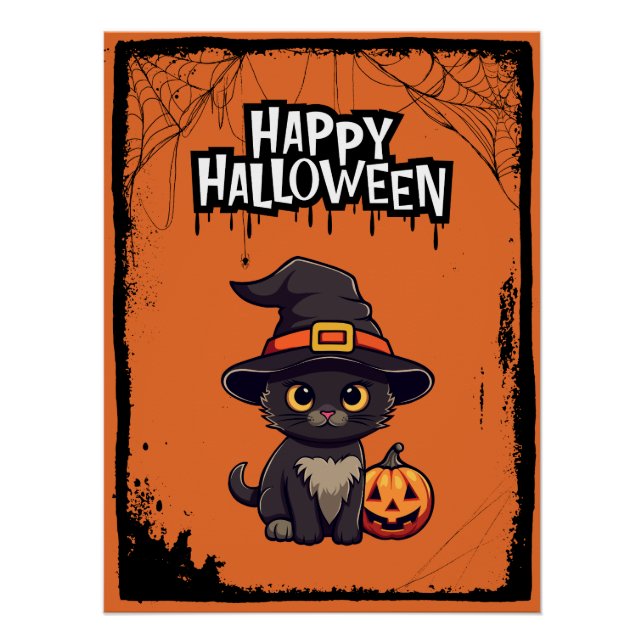 Póster Gato negro con calabaza Jack O Lantern Halloween (Anverso)