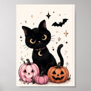 Póster Gato negro con collar de luna de calabaza rosa