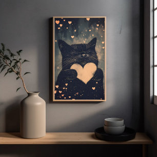 Póster Gato negro con corazón dorado - Amor acogedor del