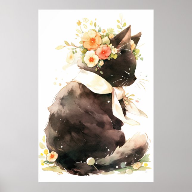 Póster Gato negro con corona de flor (Frente)