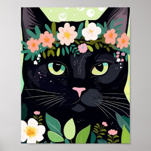 Póster Gato negro con corona floral