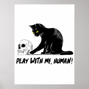 Póster Gato negro con cráneo jugando conmigo, humano ater