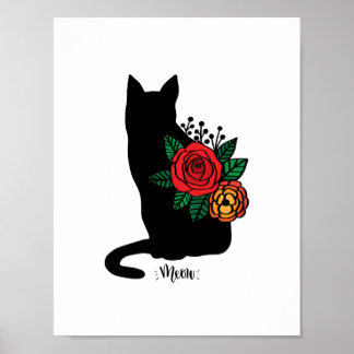 Póster Gato Negro Con Flores