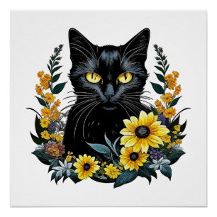 Póster gato negro con flores