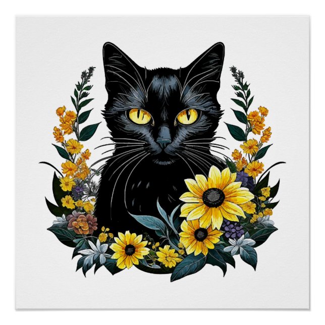 Póster gato negro con flores (Anverso)