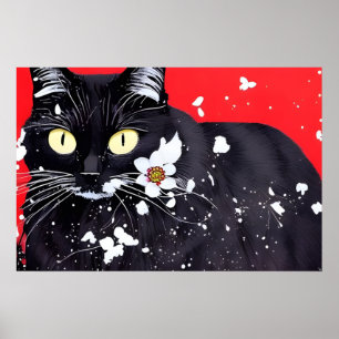 Póster Gato Negro Con Flores Blancas Fondo Rojo