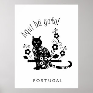 Póster Gato negro con flores y expresión portuguesa