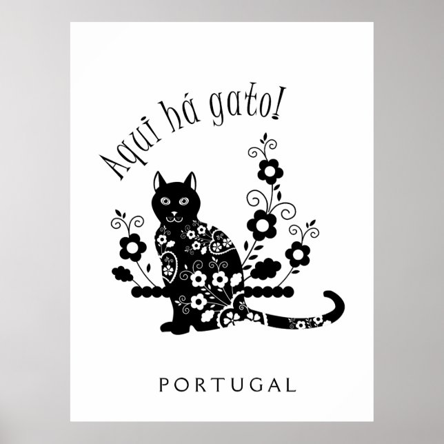 Póster Gato negro con flores y expresión portuguesa (Frente)