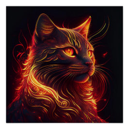 Póster Gato negro con fuego rojo y aura brillante