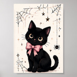 Póster Gato negro con lazo rosa adorable telaraña