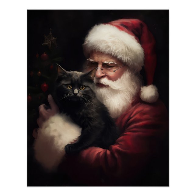 Póster Gato negro con Navidades festivos de Santa Claus (Anverso)