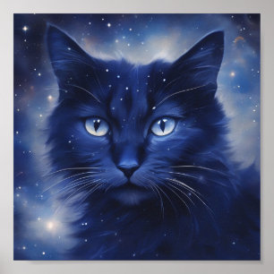 Póster Gato negro con ojos azules sobre fondo estrellado